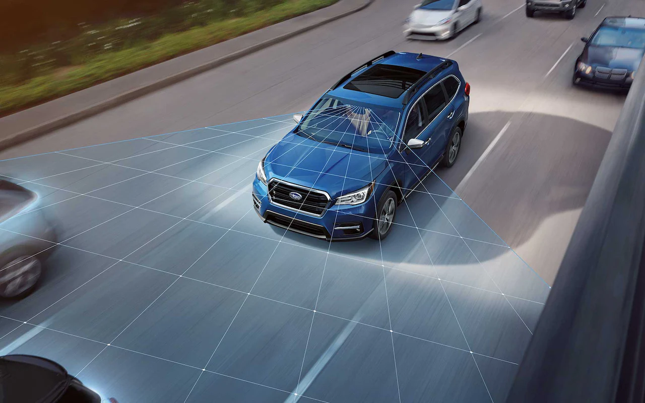 A photo illustration showing the standard EyeSight® Driver Assist Technology sensors on the Subaru Ascent.